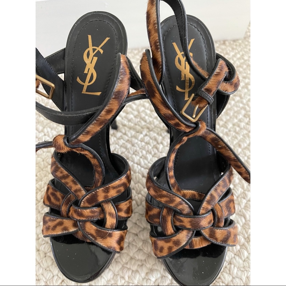 Yves Saint Laurent Tribute 105 Leopard Calf Hair Patent Leather Platform Sandals